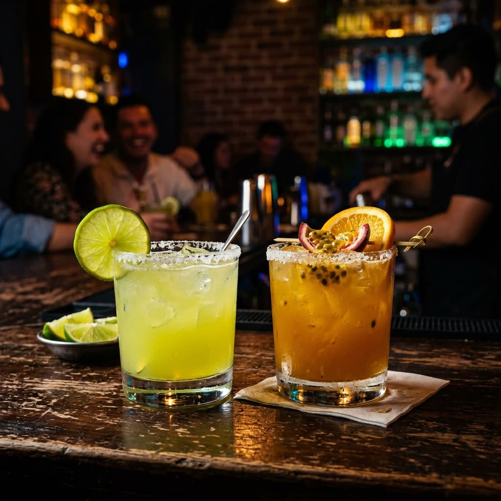 Classic lime and passion fruit margaritas at the bar