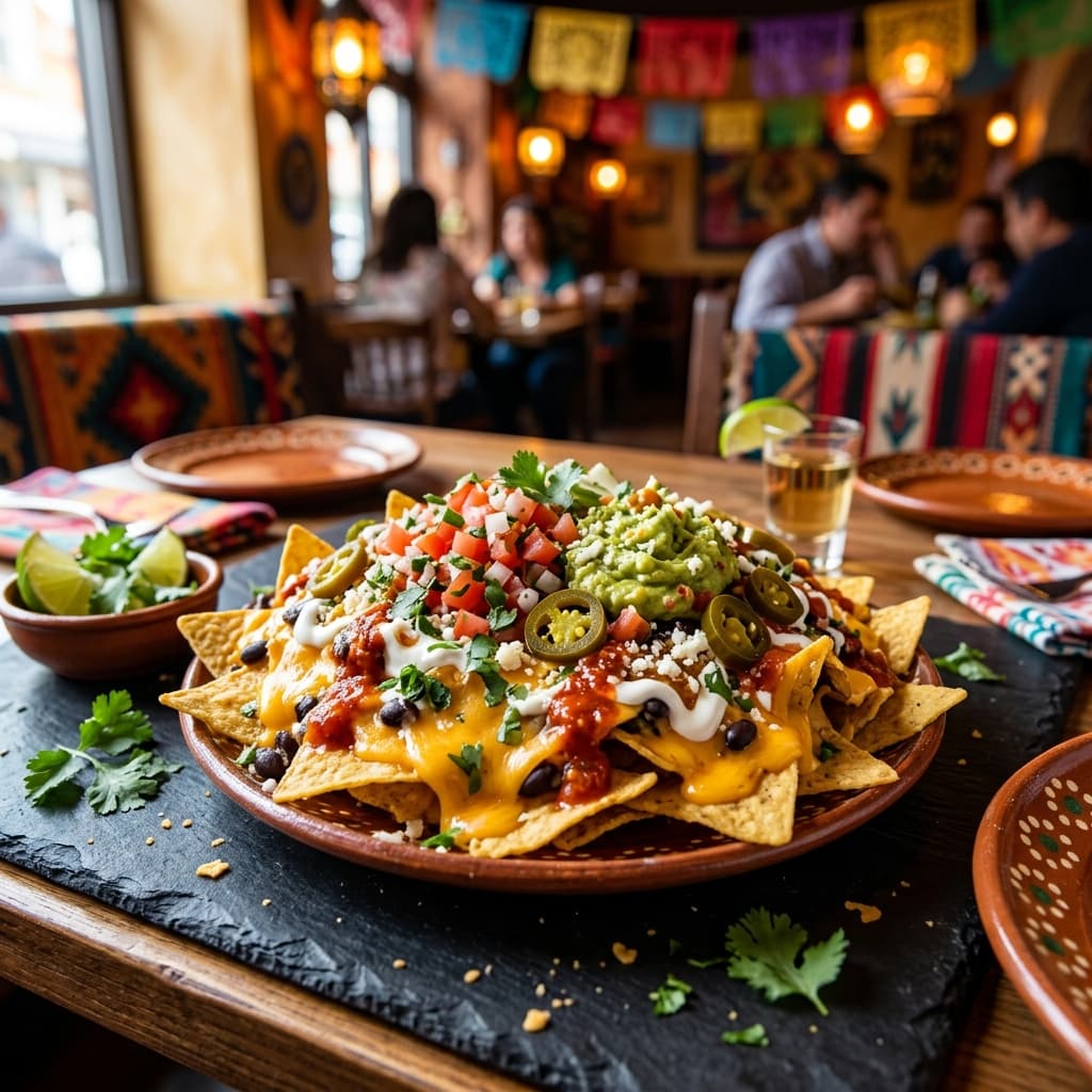 Loaded nachos de la casa with guacamole and pico